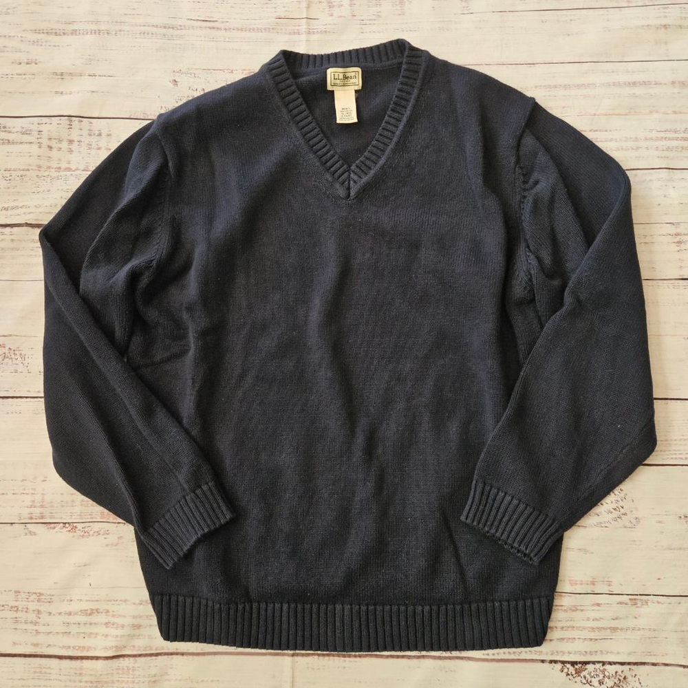 L.L. Bean Navy Blue Knit Vneck Cotton Jumper Sweater Mens XL